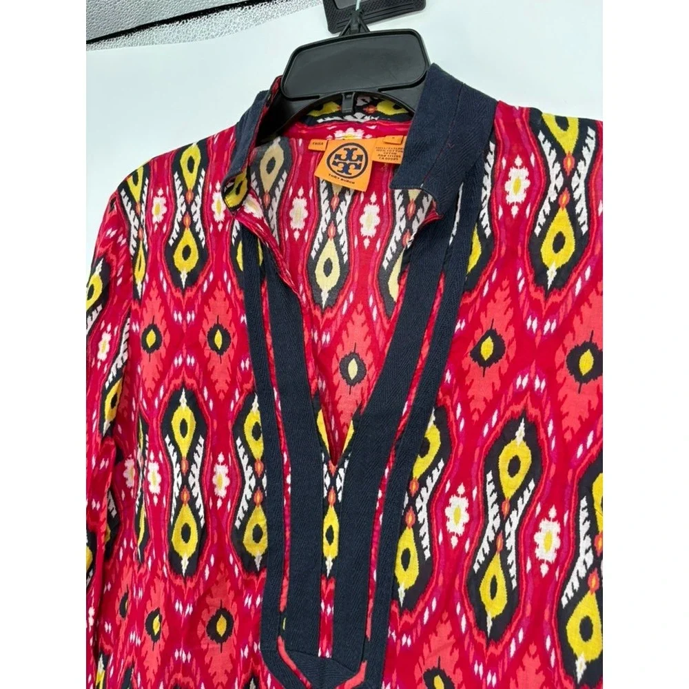 Tory Burch Tunic Women 6 Red Ikat Print V-Neck Long‎ Sleeve Side Slits Cotton